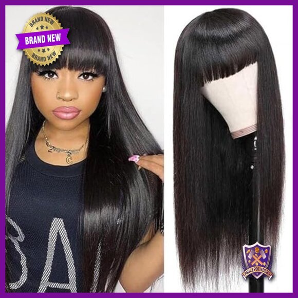 Straight Human Hair Wig with Bangs 180% Density Glueless Machine Made main image 4